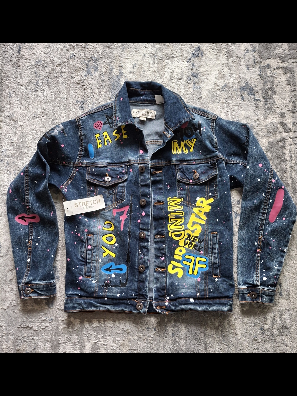 NEW Evolution In Design Youth Size L 14-16 Denim Jacket Colorful Graffiti Print